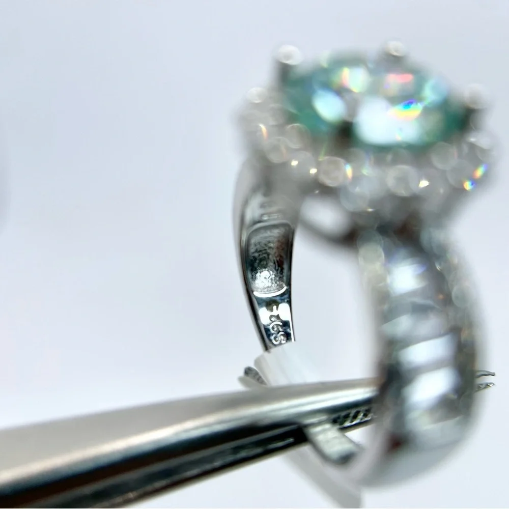 Moissanite Halo Ring Aqua Blue Center & Baguette Accents 18K White Gold Finish - Picture 16 of 16